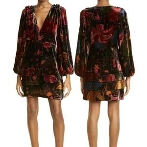 Farm Rio Crazy Mix Plunge Neck Long Sleeve Velvet Mini Dress XS NEW Cocktail